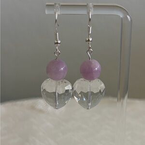 Kunzite and Crystal Clear Glass Heart Earrings